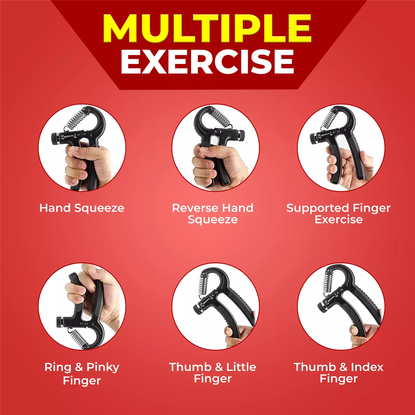 Portable hand gripper in use at gym for forearm and wrist strength training.