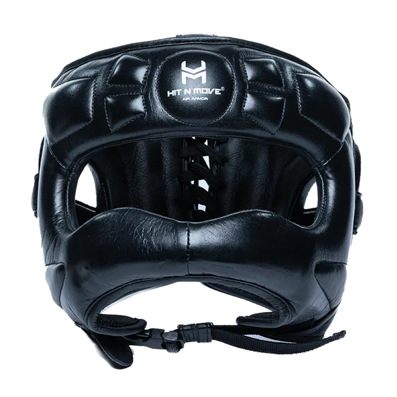HIT N MOVE face saver boxing headgear black front view showing protective structure