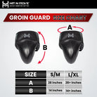 Hit N Move groin guard worn fit showing low bulk and flexible design size chart