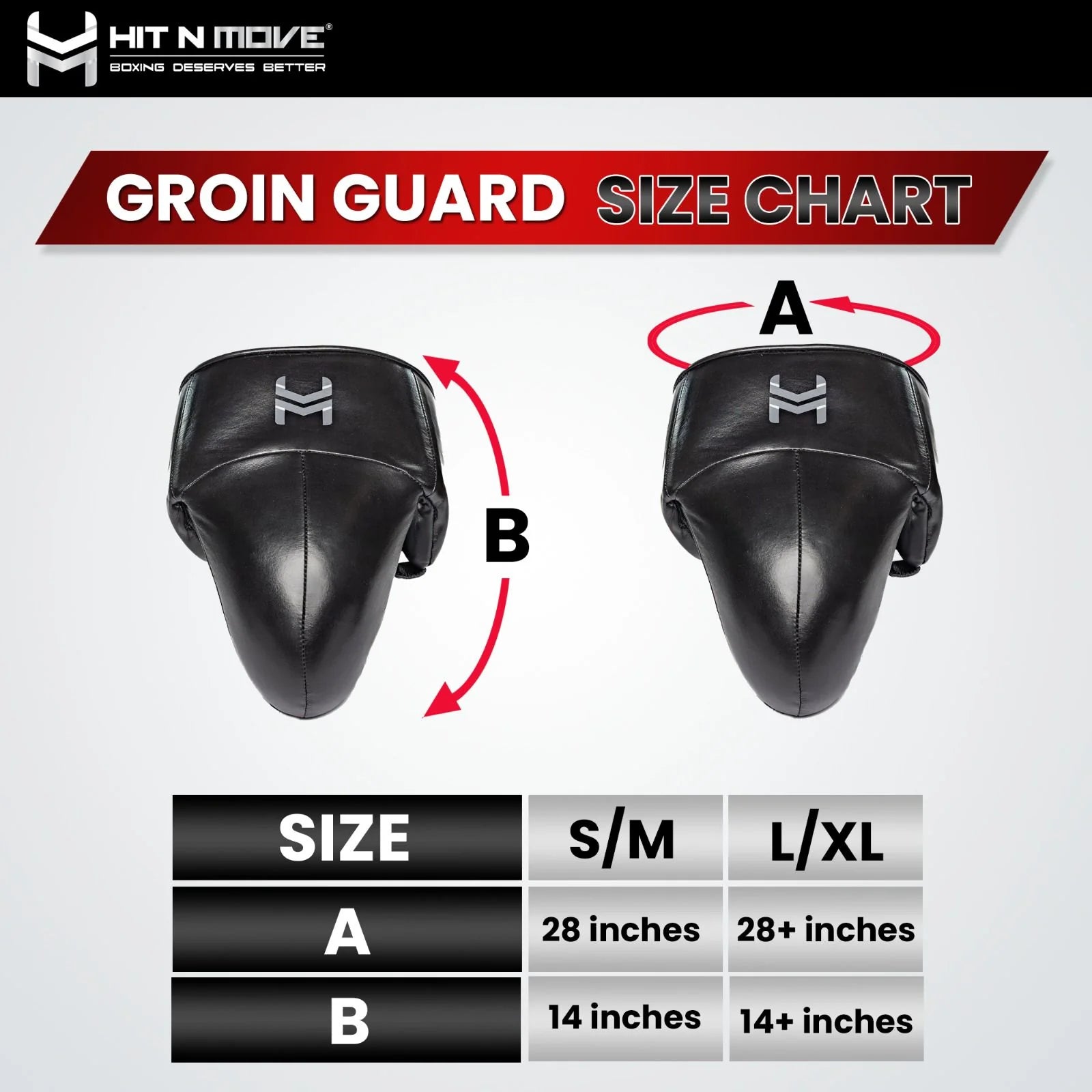 Hit N Move groin guard worn fit showing low bulk and flexible design size chart