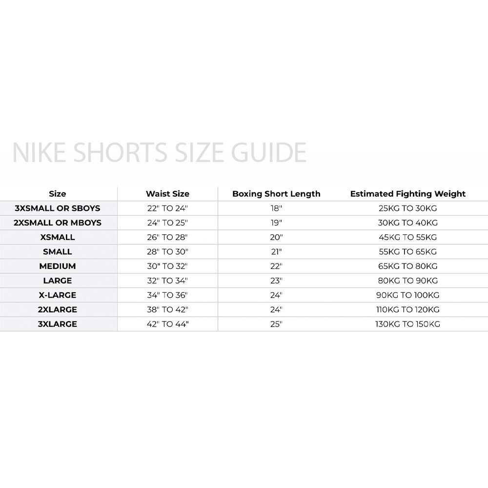 Nike AIBA competition boxing shorts size giude