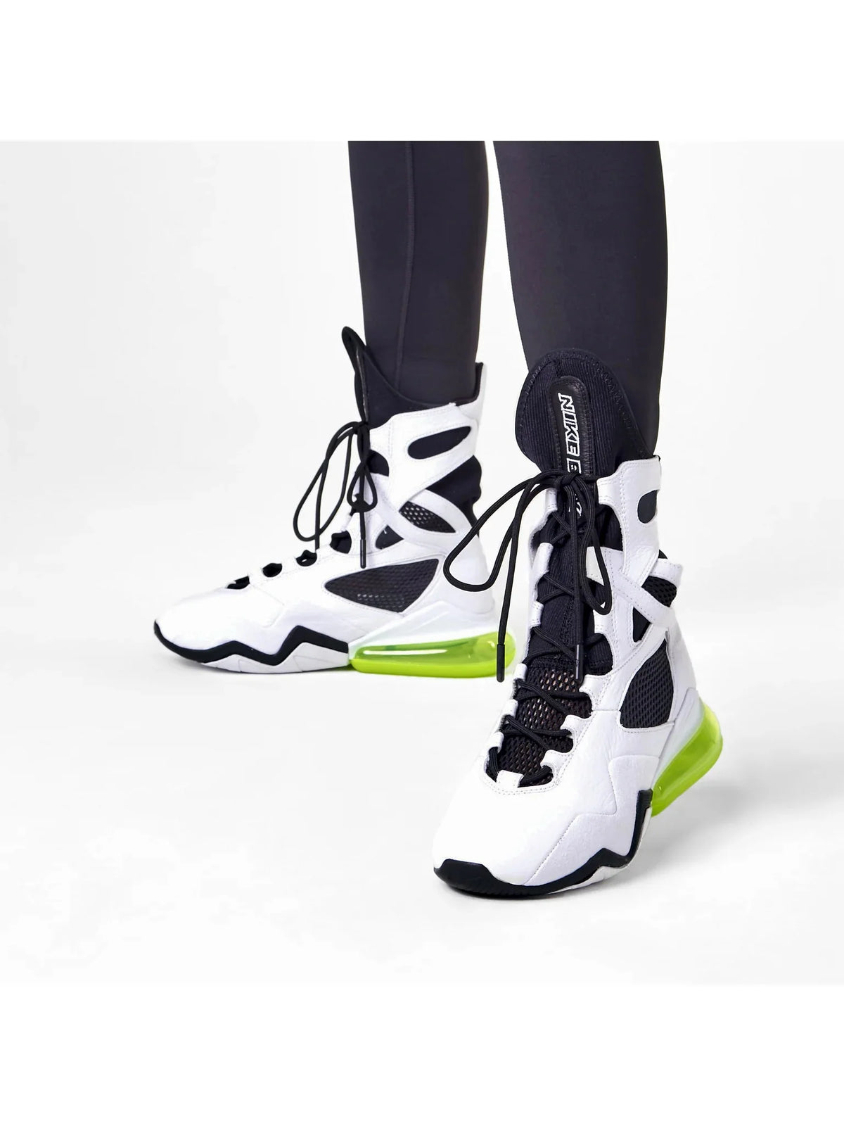Side profile of Nike Air Max Box White Black Electric Green cardio-boxing trainers