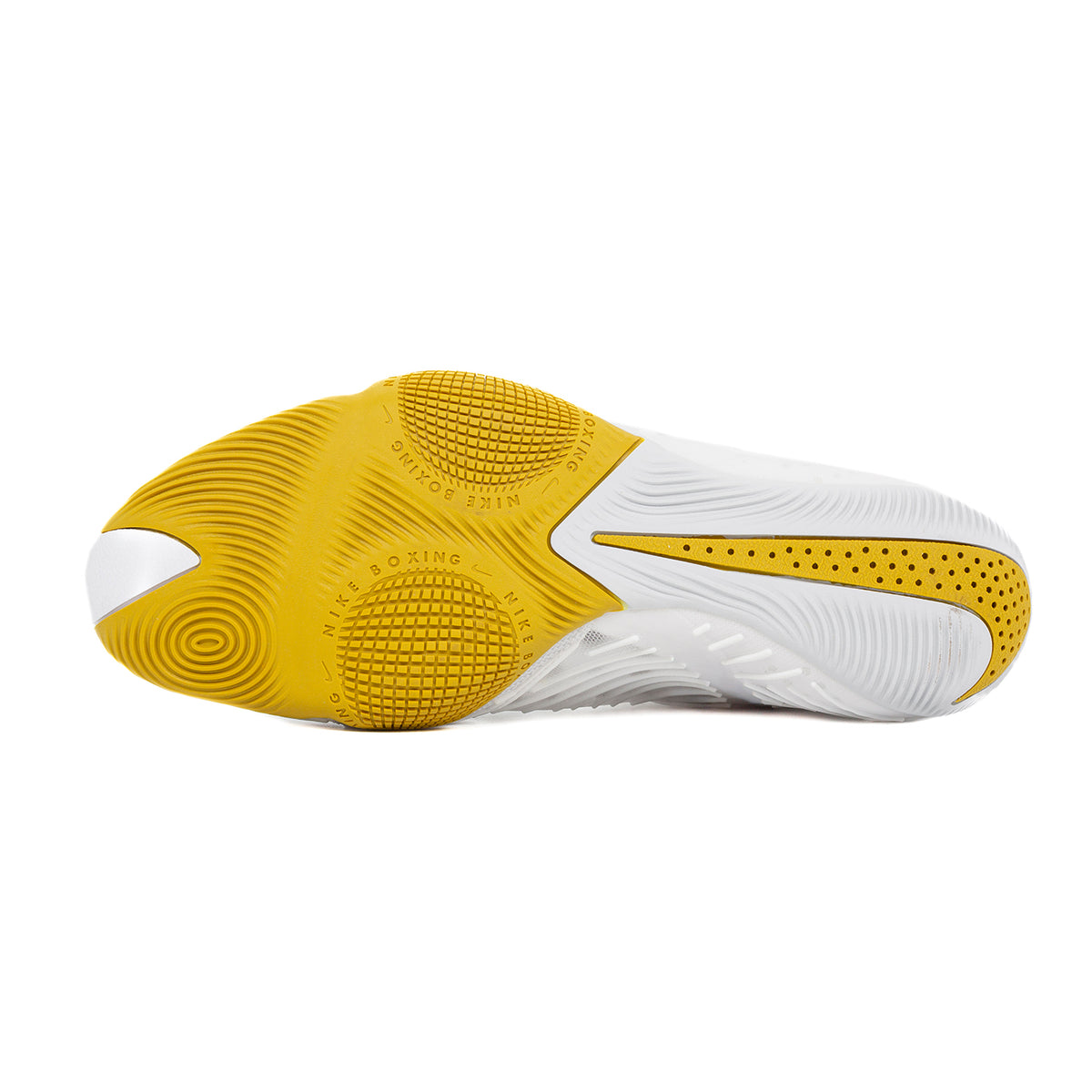 Nike HyperKO 3 White/Gold boxing shoes worn by an athlete during a boxing gym training session.