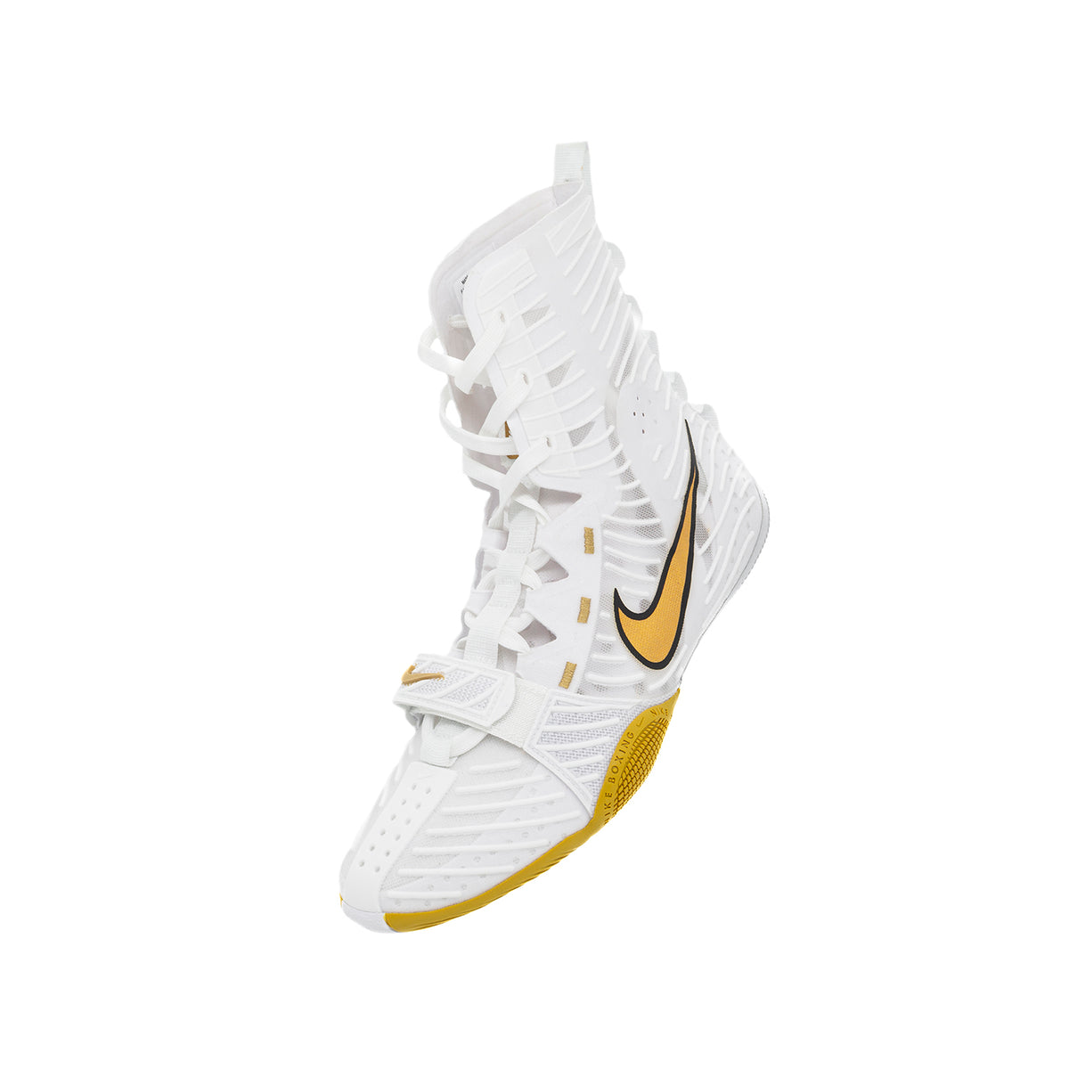 Close-up of the forefoot stability strap on a White/Gold Nike HyperKO 3 boxing shoe