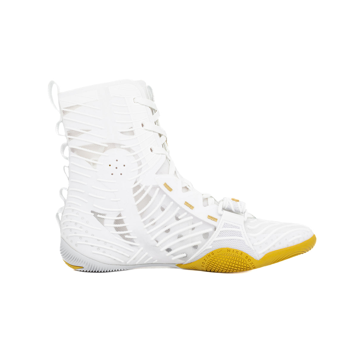 Side profile of a White/Gold Nike HyperKO 3 boxing shoe showing its shape and forefoot construction.