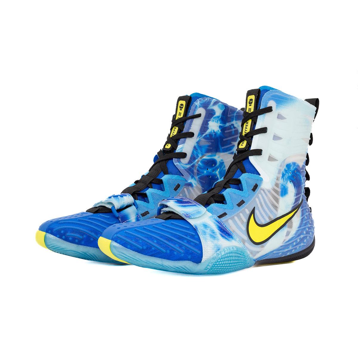 Front angle view of Nike HyperKO 3 SE Boxing Shoes in Photo Blue/Sonic Yellow
