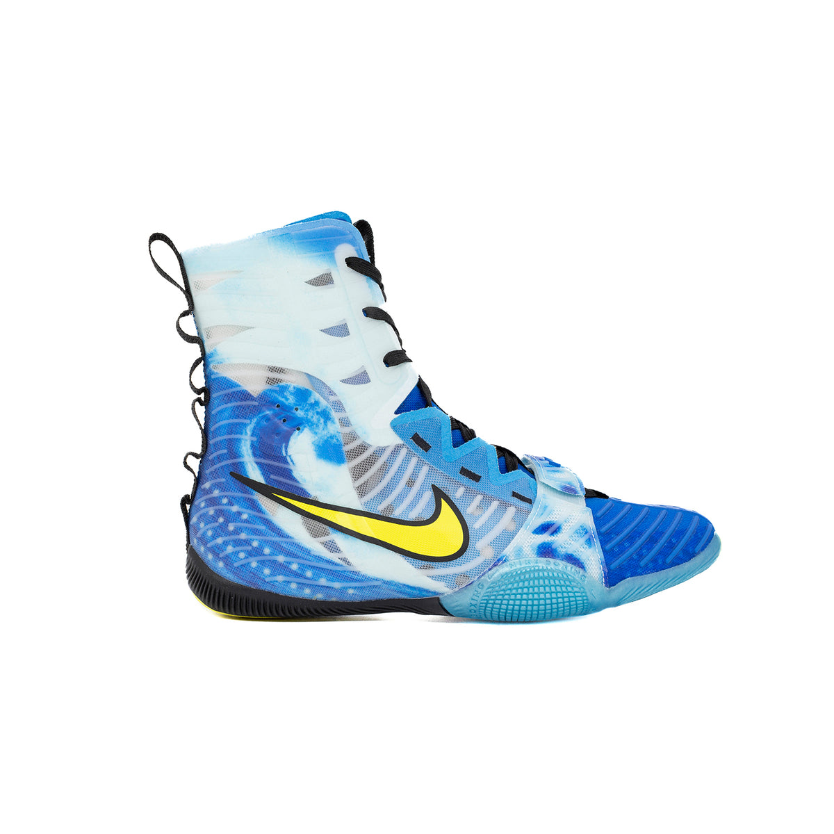Side profile of Nike HyperKO 3 SE Photo Blue/Sonic Yellow boxing shoes