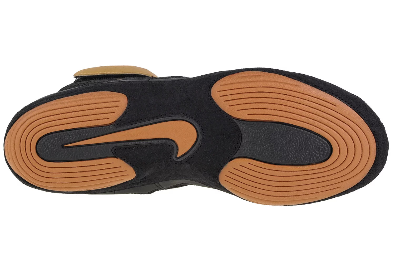 Close-up of Nike Inflict Wrestling Shoes Black/Gold showing lace-up design and textured sole.
