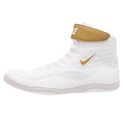 Side profile of black and gold Nike Inflict wrestling shoe showing lace-up upper