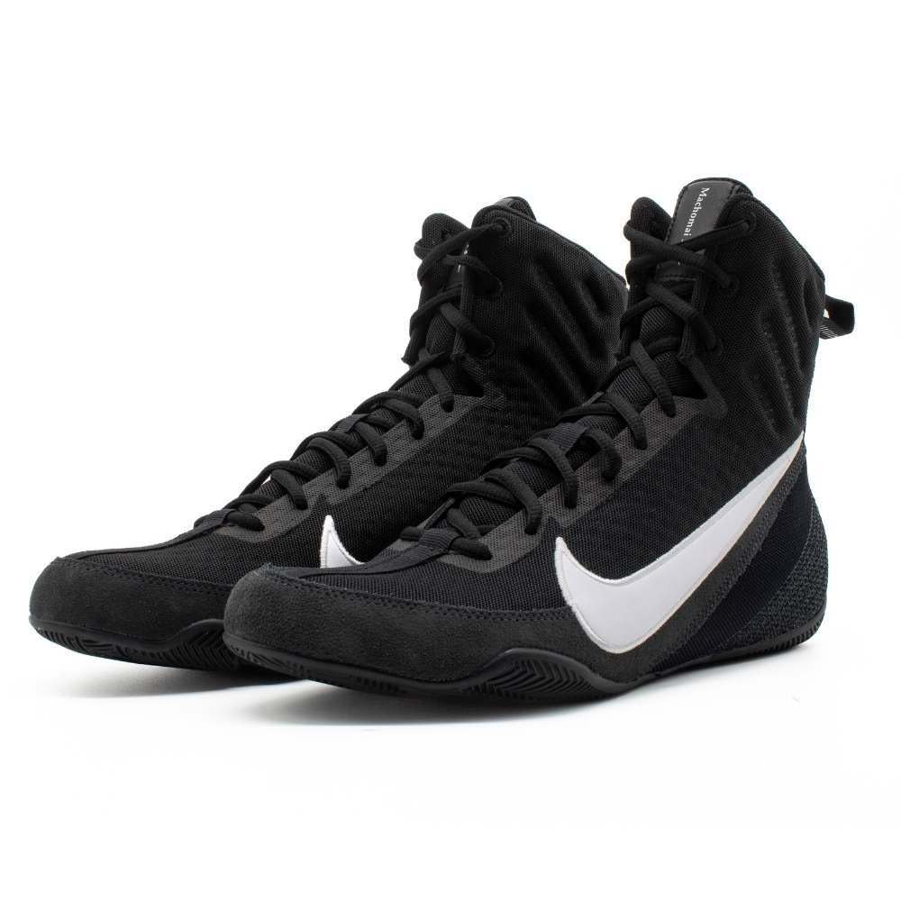 Close-up of Nike Machomai 3 Black White boxing shoes showing upgraded lacing system and secure fit