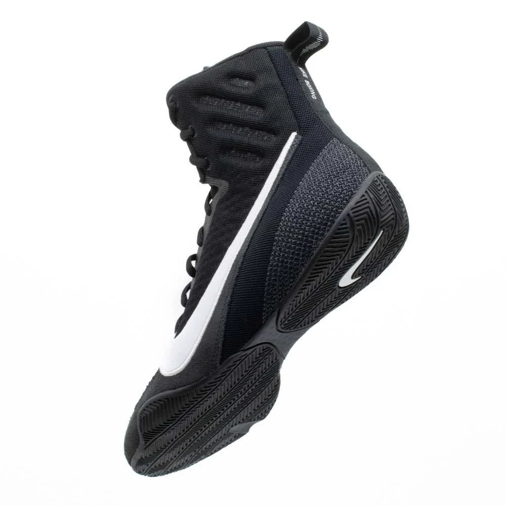 Top view of Nike Machomai 3 Black White boxing shoes highlighting breathable mesh design and sleek build.