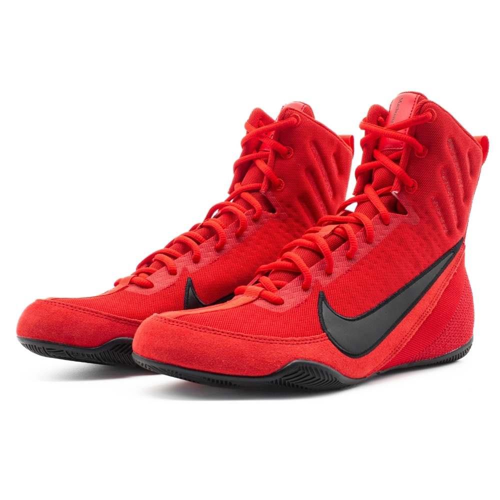 Close-up of Nike Machomai 3 Red Black boxing shoes showing upgraded eyelets and precision lacing system.