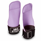 Pair of no-hole leather gym grips on white background violet