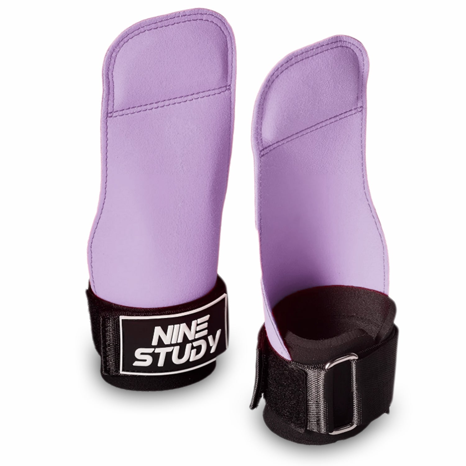 Pair of no-hole leather gym grips on white background violet