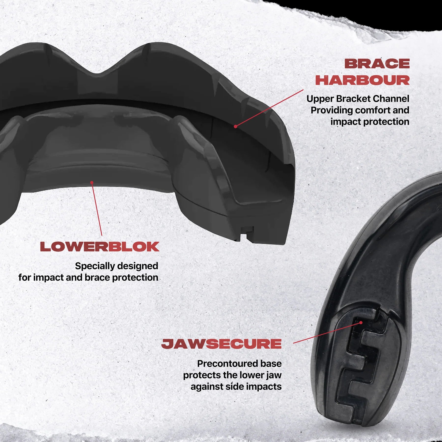 Angled close-up of black Ortho Series orthodontic mouthguard highlighting durable design and smooth finish.