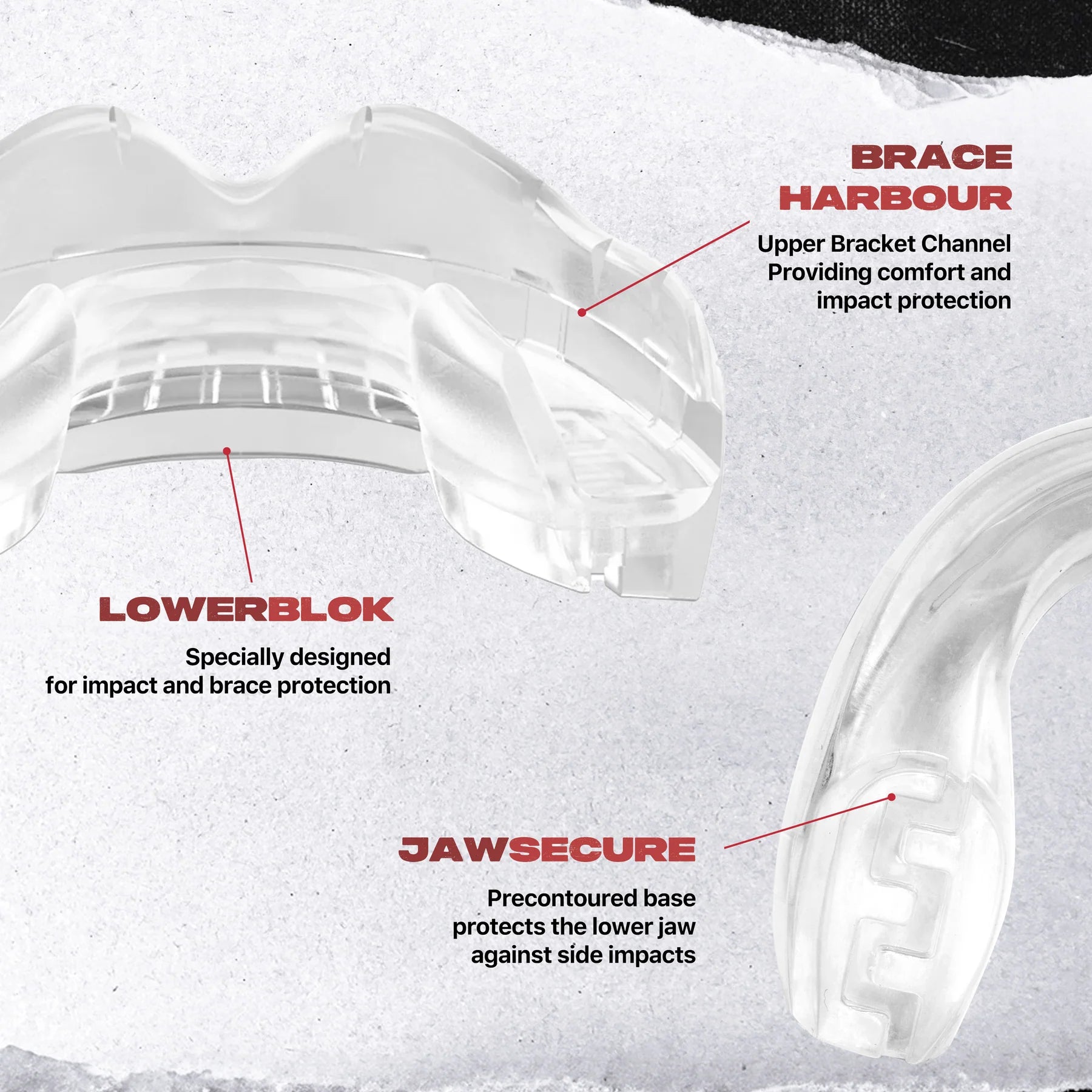 Angled view of clear Ortho Series mouthguard for braces showing flexible fit and durable build.