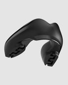 Front view of black Ortho Series mouthguard for braces showing BRACE HARBOUR and LOWERBLOK protection system.