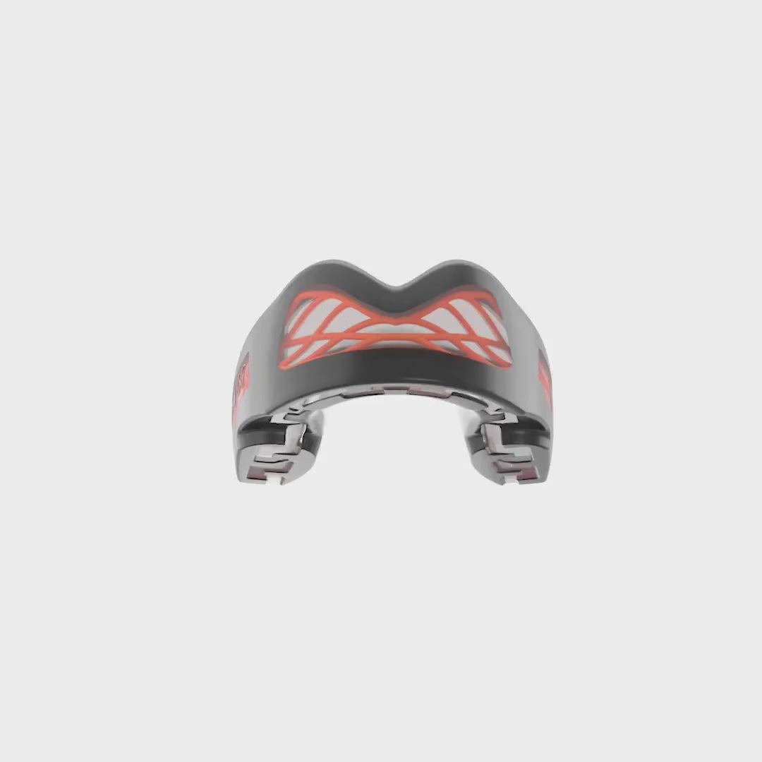 Video demonstration of SAFEJAWZ Nitro Mouthguard grey and yellow showing custom fit process, impact absorption, and athlete performance.