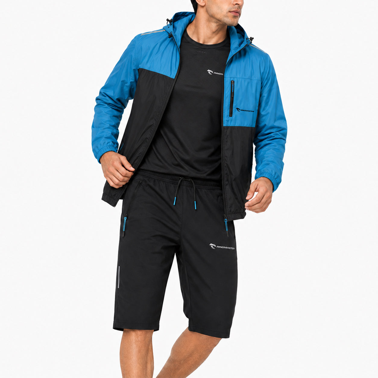 RingMaster Black Blue 3 piece boxing training set with windbreaker T-shirt and shorts