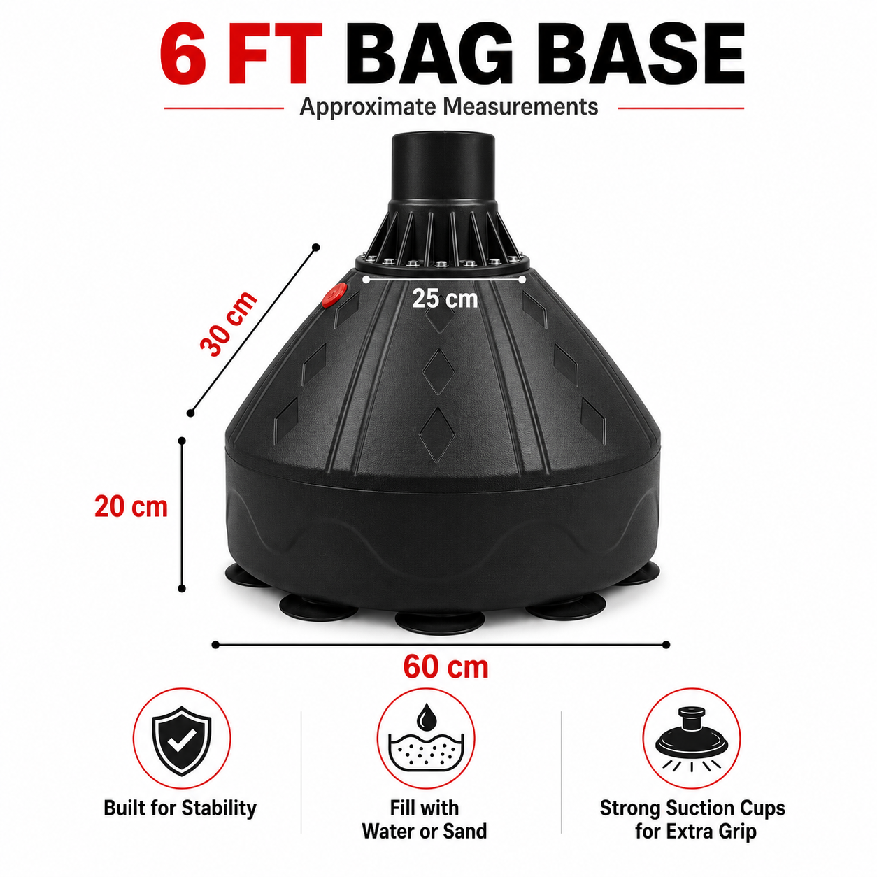 Ringmaster 6ft punch bag base dimensions showing 60cm base width, 20cm height, 30cm sloped section and 25cm neck base measurement