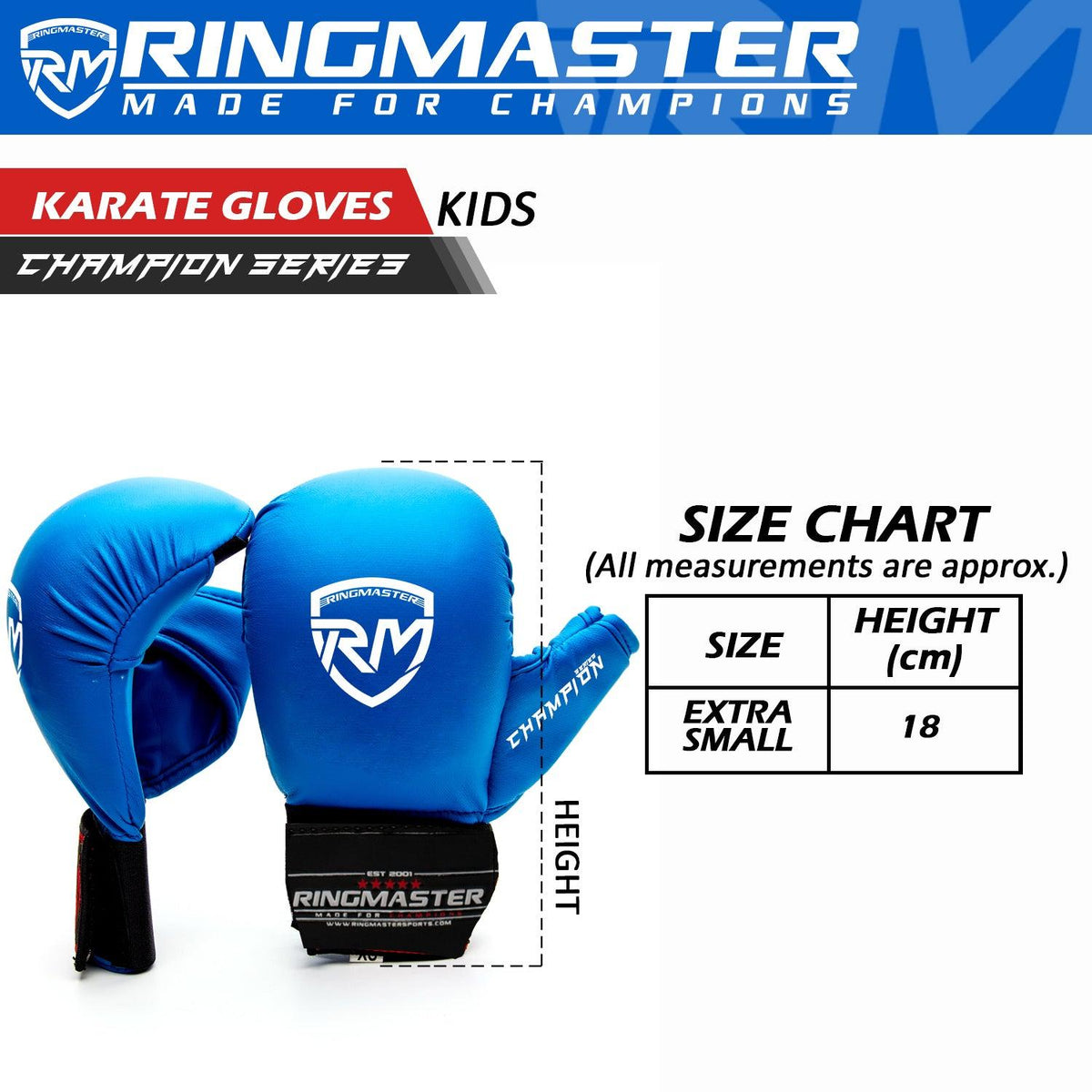 RingMaster Sports blue karate gloves with IMF contoured padding