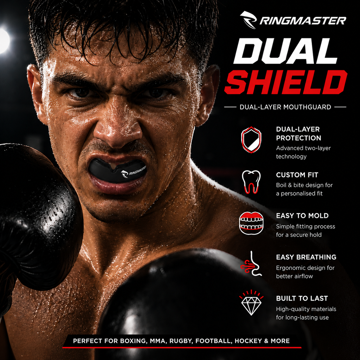 RingMaster black dual-layer mouthguard used during boxing and MMA training session