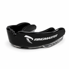Side profile of RingMaster black dual-layer boxing mouthguard showing ergonomic shape