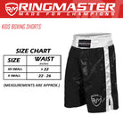 Black RingMaster Sports kids boxing shorts in 100% satin