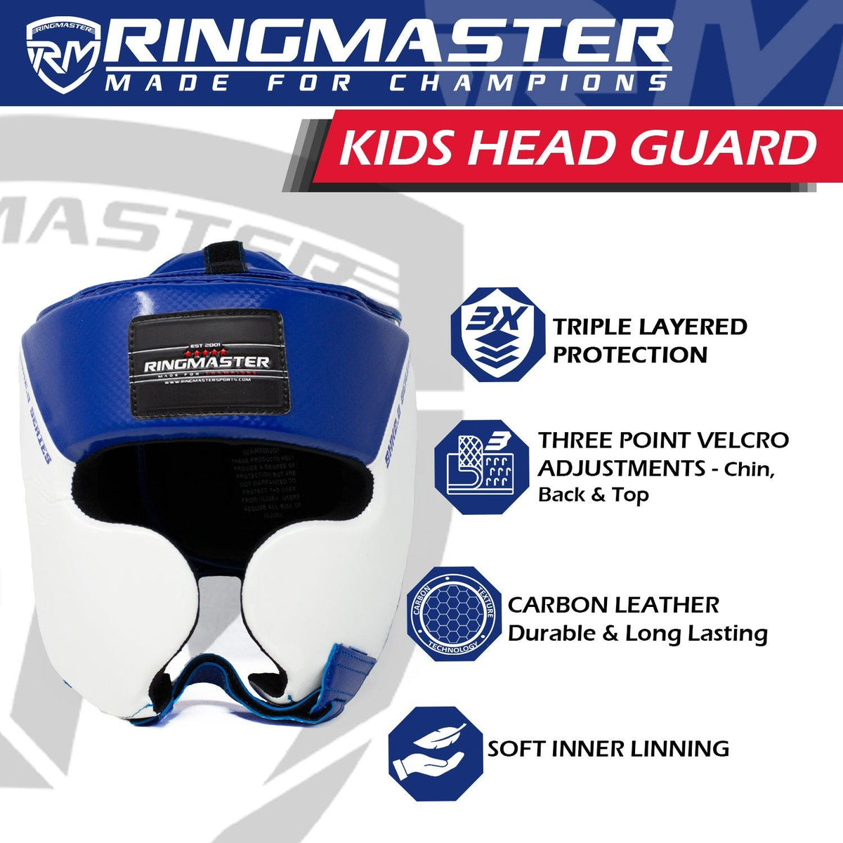 Blue and white RingMaster Sports kids boxing headgear