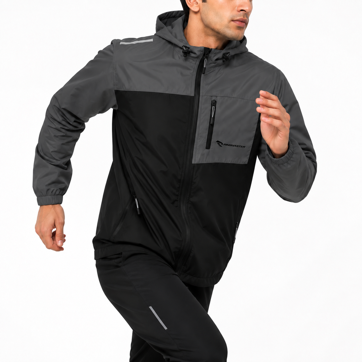 RingMaster Charcoal Black hooded boxing windbreaker with front zip chest pocket and reflective accents