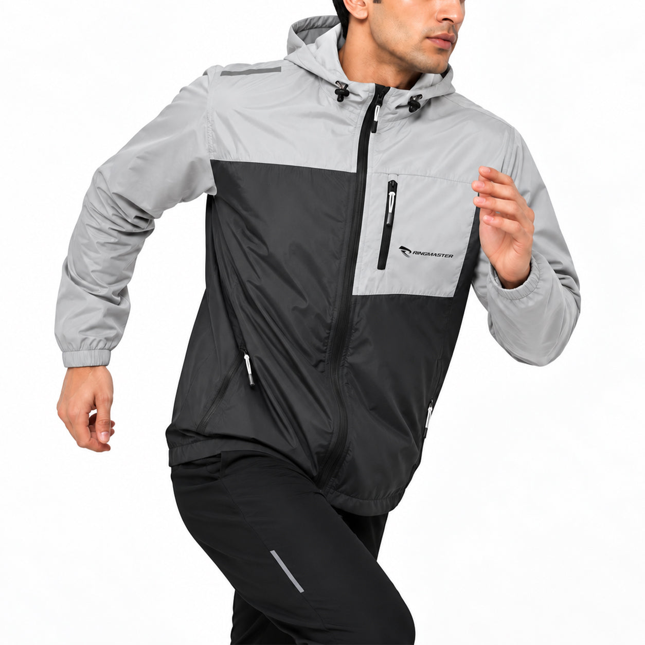 RingMaster Charcoal Grey hooded boxing windbreaker with front zip chest pocket and reflective accents