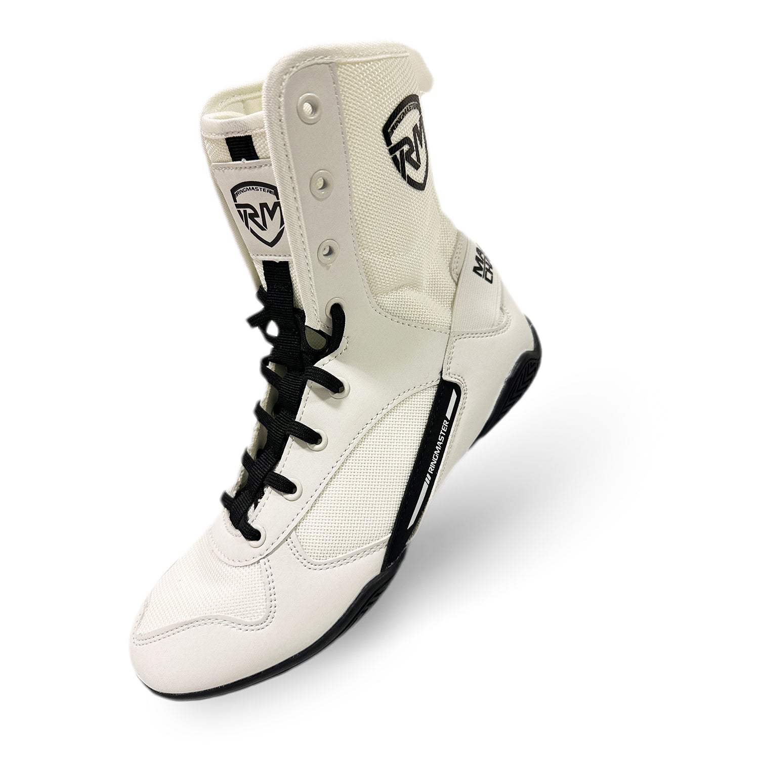 RingMaster Sports Champion Series white boxing boots with lace-up ankle support