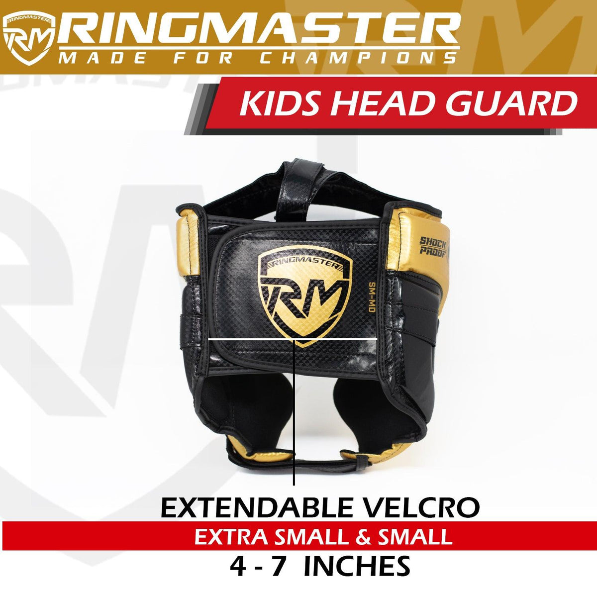 RingMaster Sports black and gold children’s boxing head guard