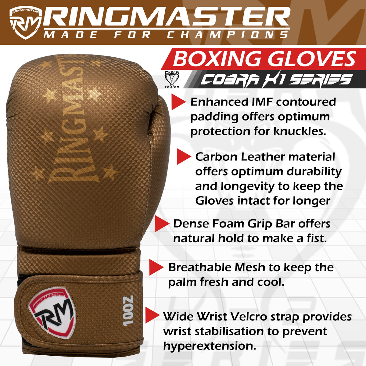 RingMaster Cobra Series boxing gloves with IMF paddin
