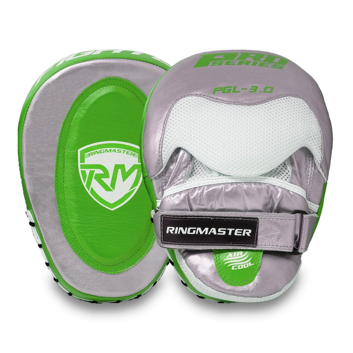 Green and silver RingMaster Sports genuine leather focus pads