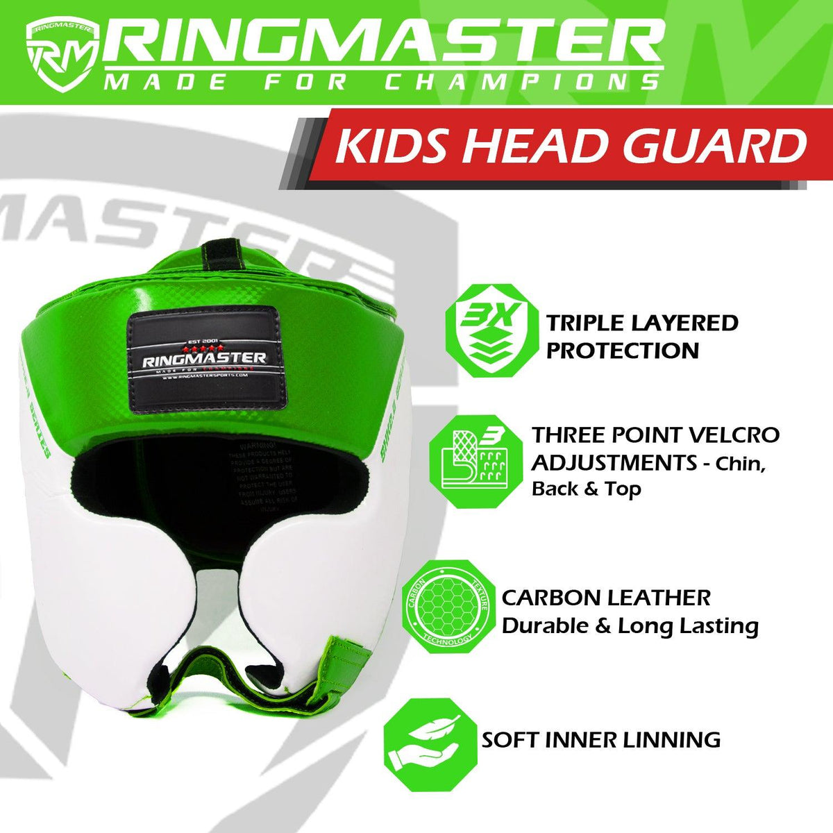Green and white RingMaster Sports kids boxing headgear