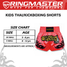 Side view of kids Glory Red Muay Thai shorts with tribal flame design and high side slit
