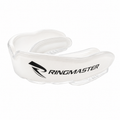 Side profile of RingMaster dual-layer boxing mouthguard showing ergonomic shape white clear