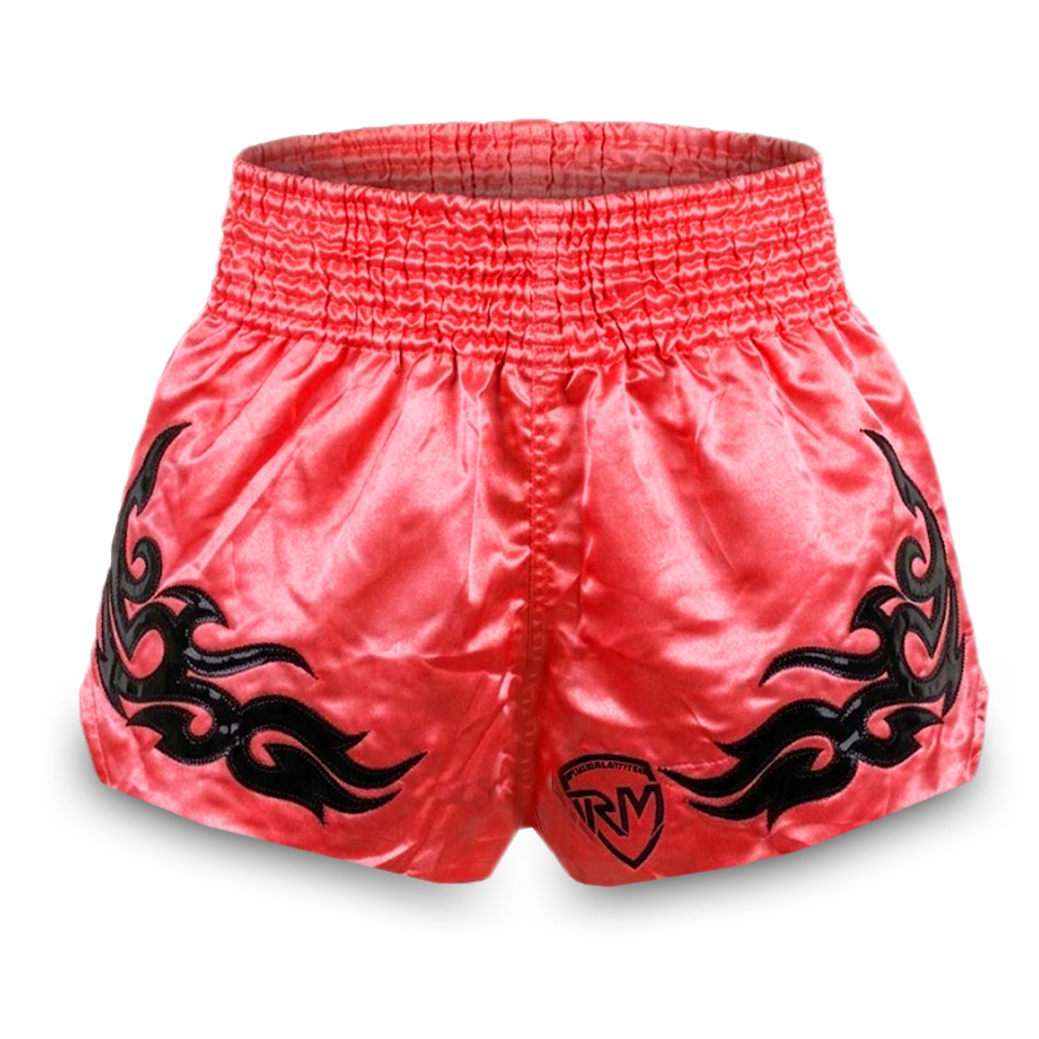 Back view of Glory Red Muay Thai shorts showing Muay Thai script applique