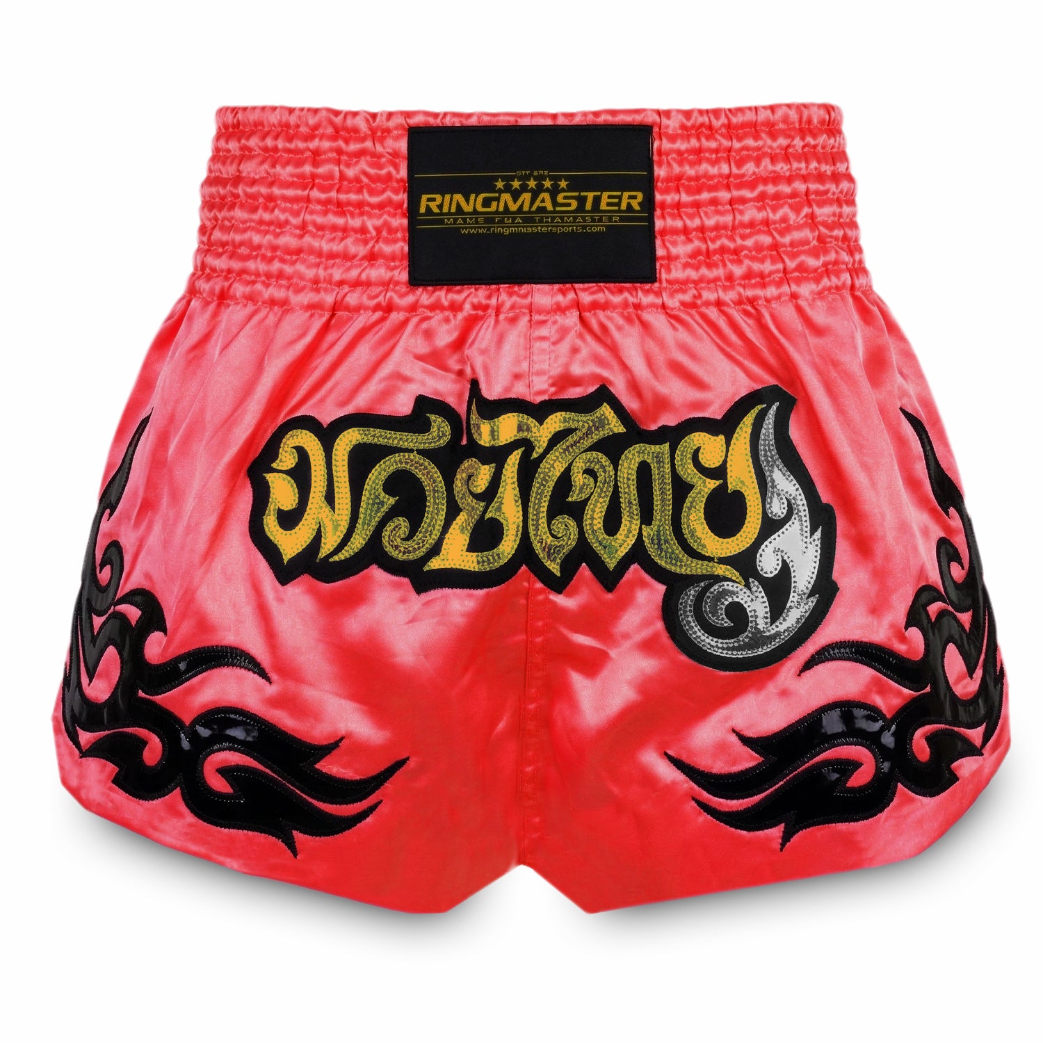 Ringmaster Glory Red Muay Thai shorts front view satin Thai boxing shorts