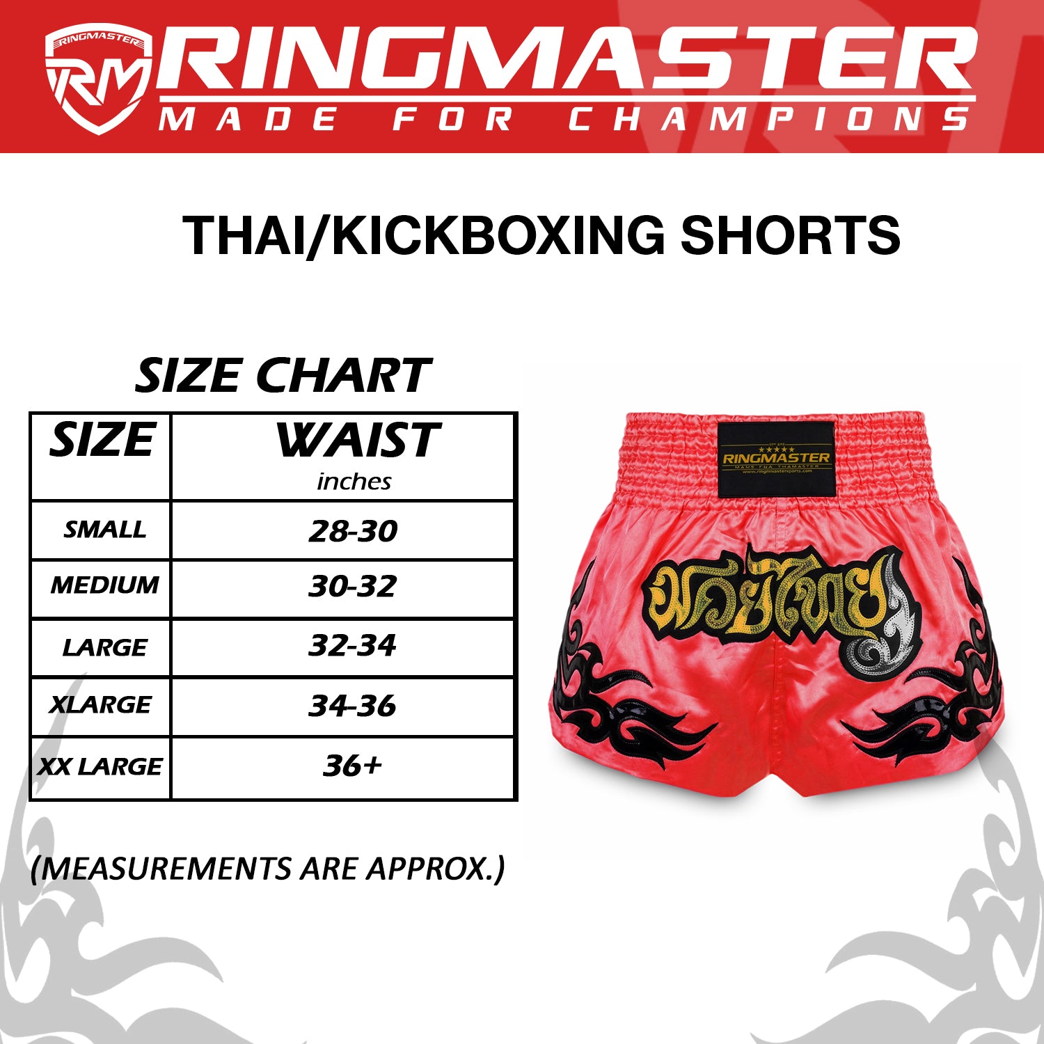 Side view of Glory Red Muay Thai shorts with tribal flame design and high side slit