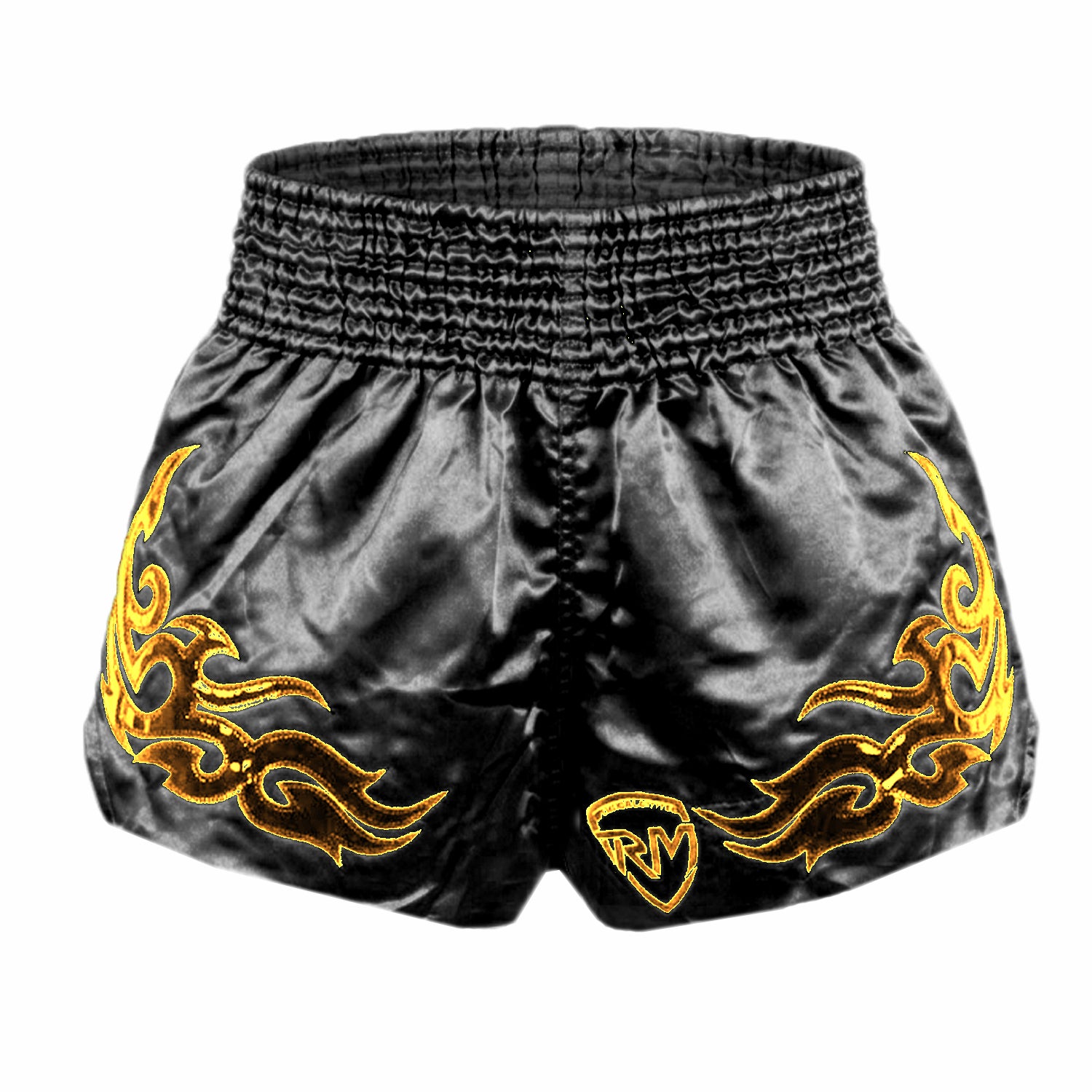 Back view of Onyx Black Muay Thai shorts showing Muay Thai script applique