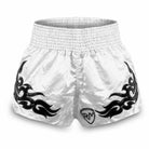 Back view of pearl white Muay Thai shorts showing Muay Thai script applique