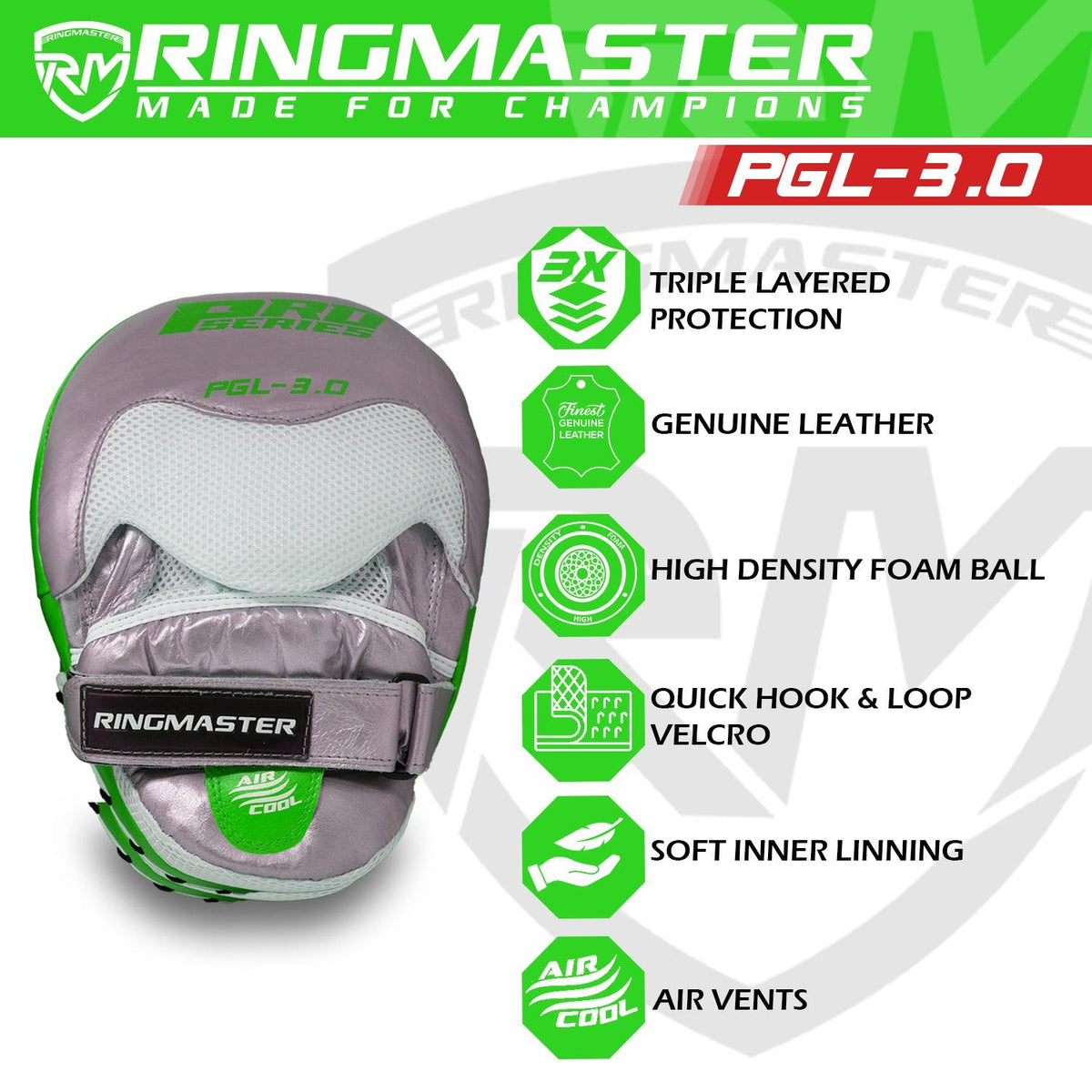 RingMaster Sports green and silver curved focus pads
