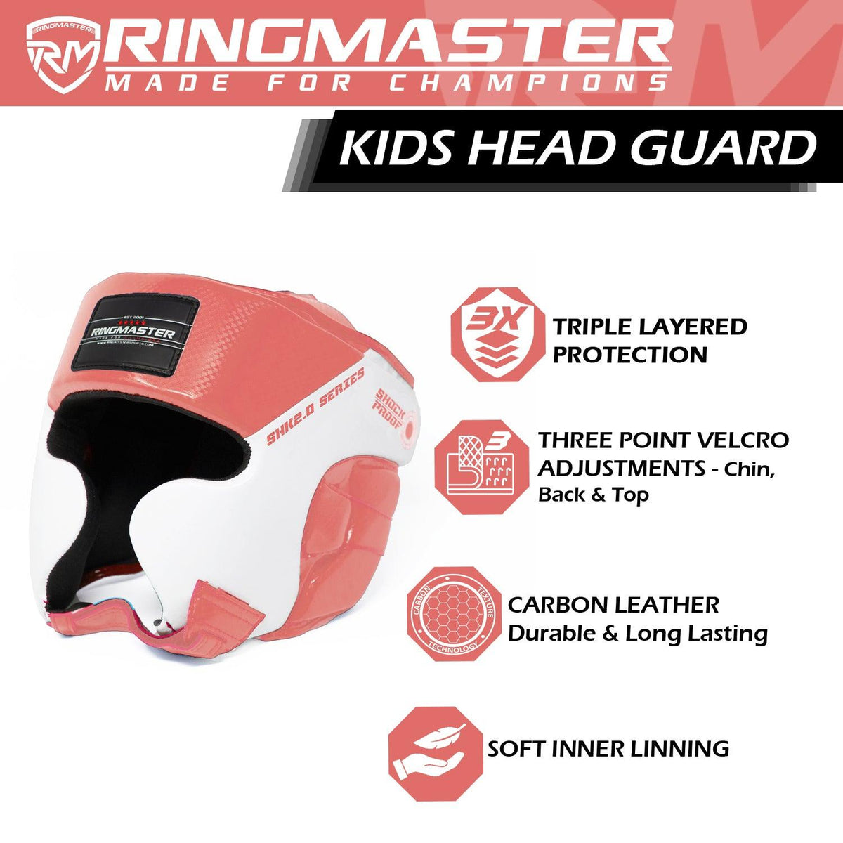 Pink and white RingMaster Sports kids boxing headgear