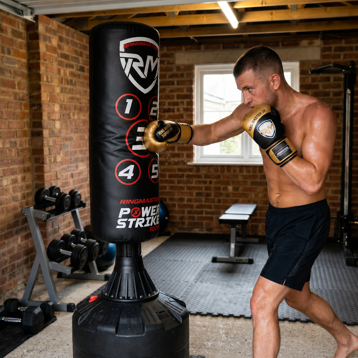 Athlete wearing Ringmaster boxing gloves training on the Ringmaster Power Strike 1000 stand alone punch bag in a home gym environment