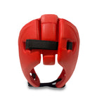 Rear elastic and Velcro strap of red open-face RingMaster Sports headguard.