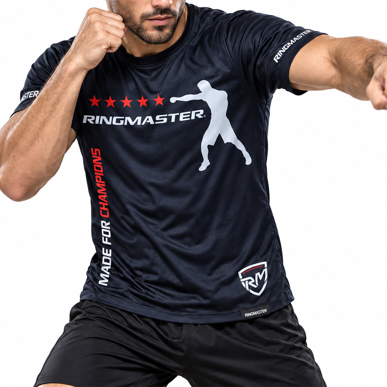 Front view of RingMaster Sports Boxing Shadow Champions T-Shirt with stretch interlock front