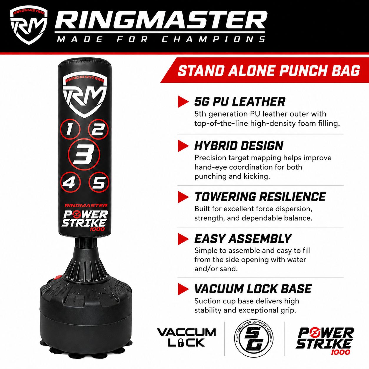 Ringmaster stand alone punch bag feature infographic showing 5G PU leather, hybrid target design, vacuum lock base and easy assembly