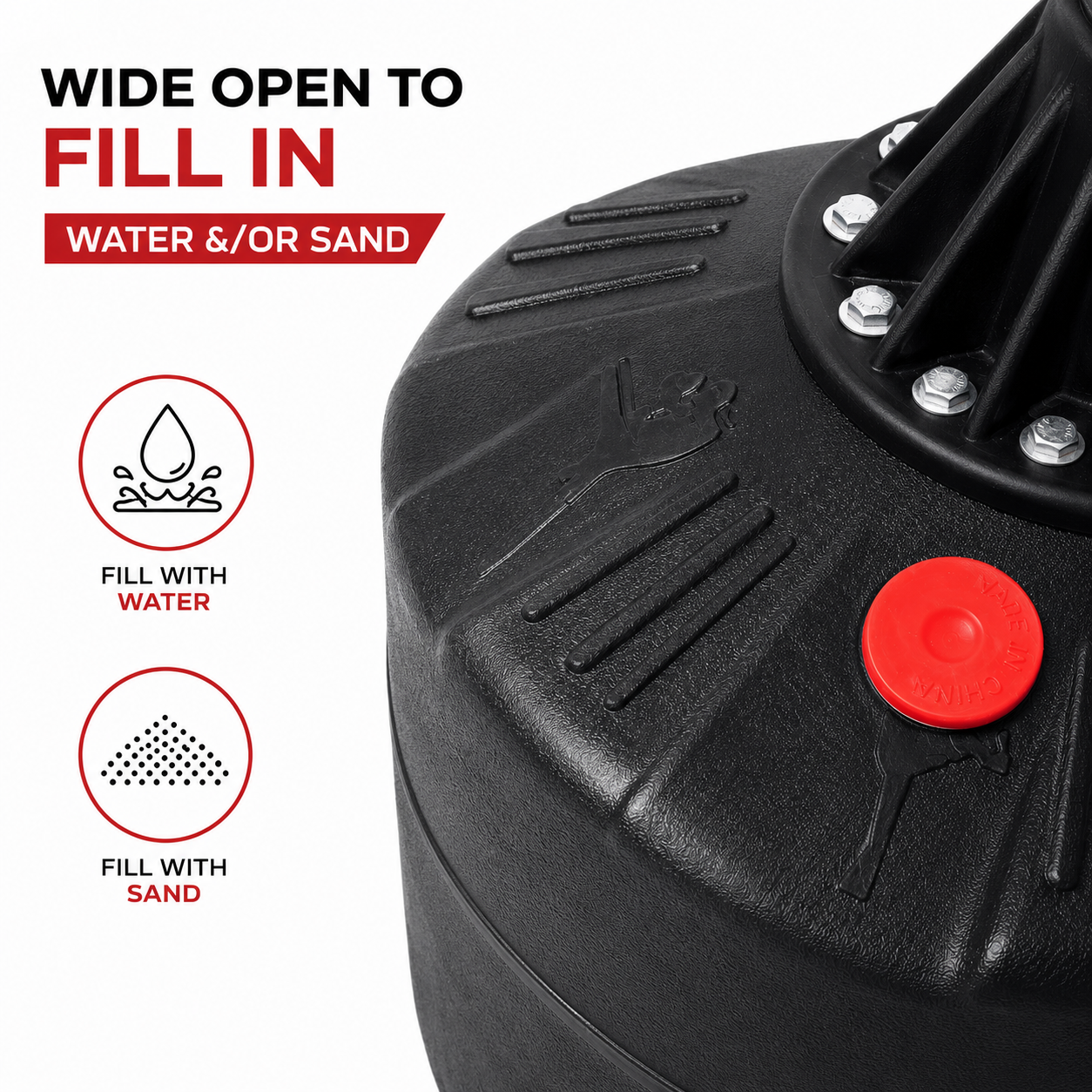 Ringmaster stand alone punch bag base with wide opening for filling with water or sand for enhanced stability and balance during boxing training.